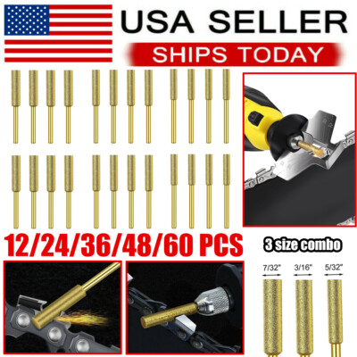 12-60Pcs Diamond Chainsaw Sharpener Burr Grinding Stone File 5/32'' 3/16'' 7/32''