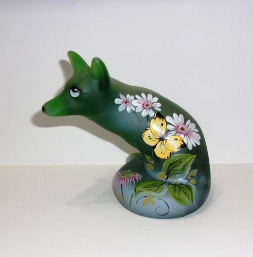 Fenton Glass Emerald Green Butterfly Bliss Floral Fox Figurine Ltd Ed 7/28 Kibbe