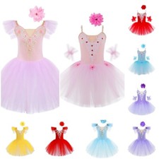 Kids Girls Rhinestone Ballet Dress Princess Tutu Mesh Dance Dress with Headband