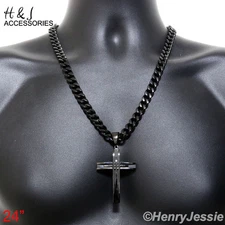 24"Stainless Steel 9mm Black Plated Cuban Curb Necklace Plain Cross Pendant*A11