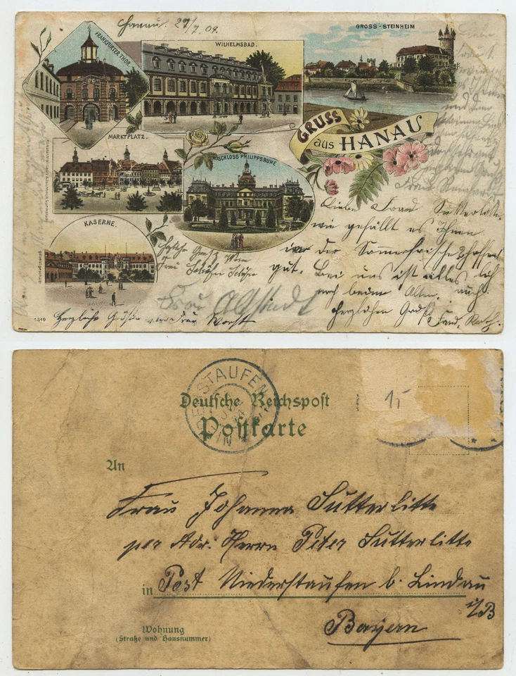50195 - Gruß aus Hanau- Lithographie, gelaufen 1904 nach Niederstaufen - Bild 1 von 1