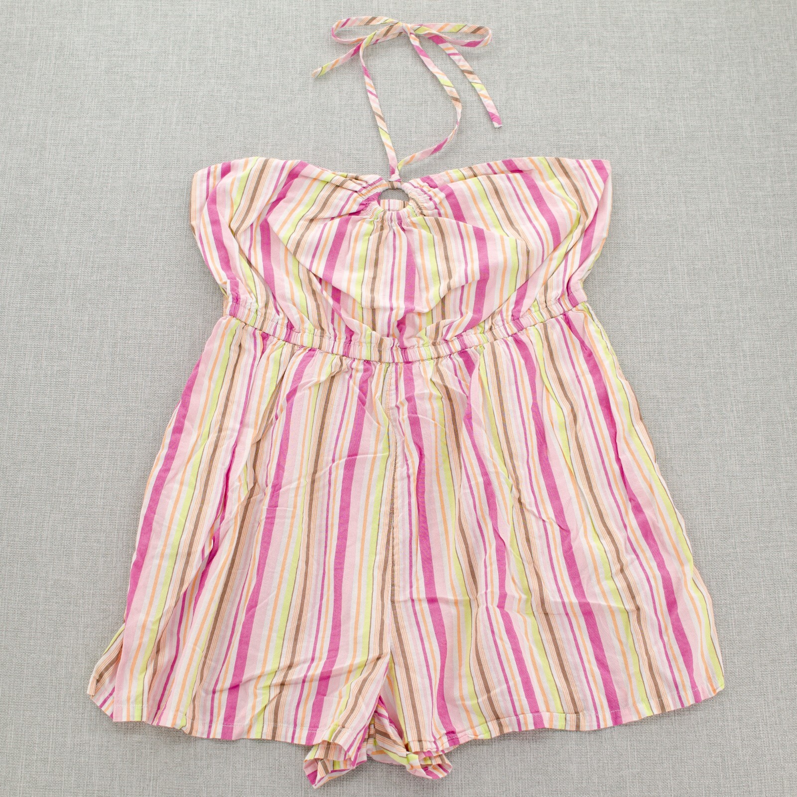Womens Jumpsuit Romper Shorts XL O-Ring Halter Neck Seamed Waist Pockets Striped-image