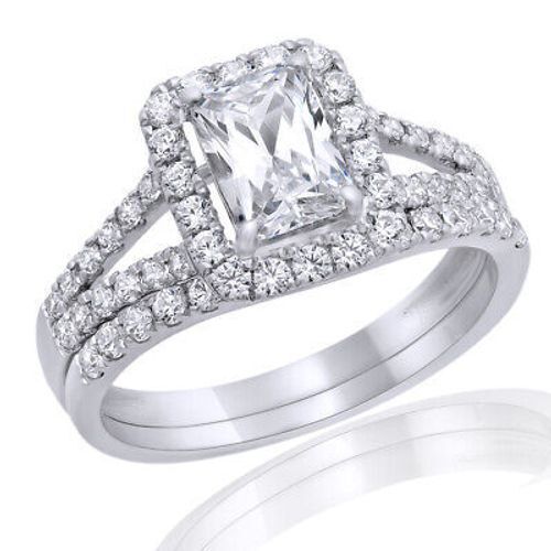 14k White Gold Halo Engagement Ring with Emerald & Diamond Bridal Set