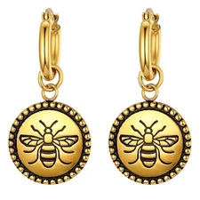 Womens Stainless Steel Honey Bee Bumblebee Charm Hoop Drop Earrings