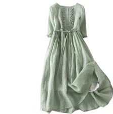 Womens Button Holiday Linen Cotton Long Ruffle Dresses Party Dress PLUS SIZE