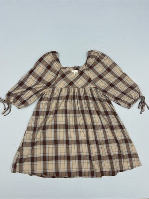 Hayden Plaid Babydoll Smocked Mini Dress Brown Puff Sleeve Boho Girls Large - K