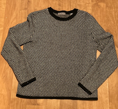 Kate Hill Herringbone Woolmark Blend Black Grey Crew Neck Sweater Small