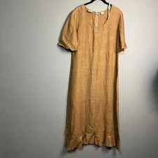 Liz Now Tan Linen BL Midi Cottagecore Prairie Dress 10 Short Sleeve Scoop Neck