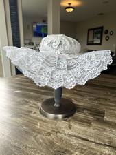 Vintage 1980s White Lace Bridal Hat Wide Brim Picture Wedding Tea Party Boho
