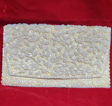 Vintage La Regale Ltd Ivory Satin Clutch Bag Beaded Sequin Foldover Handbag