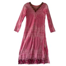 Pink Cotton Kurta Kameez Indian Ethnic Embroidered Floral Maxi Tunic Boho XS Dre