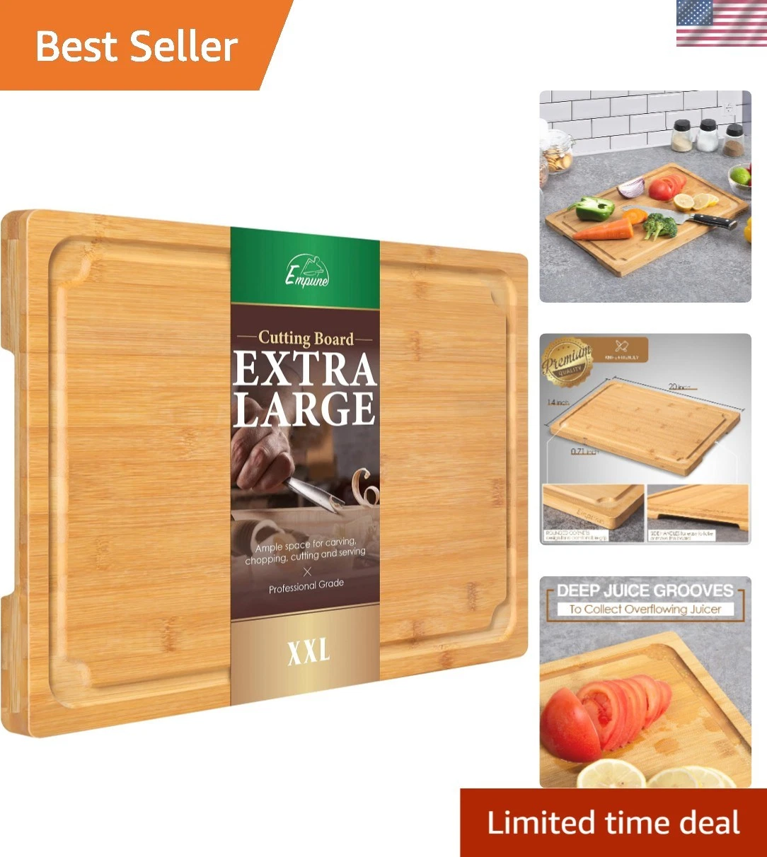Elegant 20-Inch Bamboo Cutting Board with Built-in Juice Groove & Handles