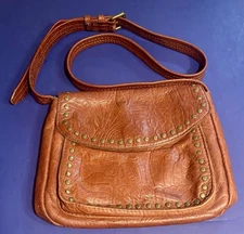 American Leather Co Crossbody Embossed Floral Studded Brown Leather Purse NICE!