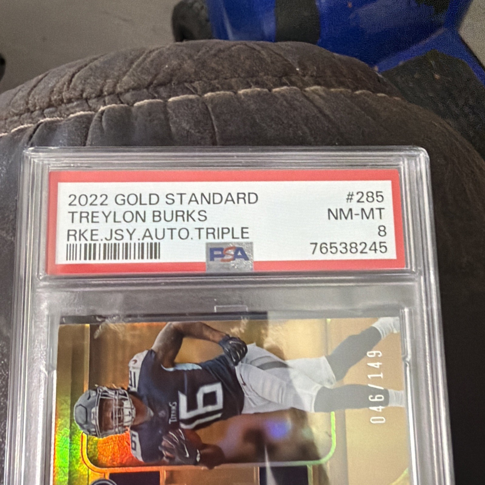 2022 Gold Standard Treylon Burks Rookie Halo Triple Patch Auto /149 #285 PSA 8 view 2