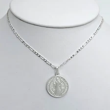 925 Sterling Silver Double Sided Saint Benedict Medal Chain Necklace San Benito