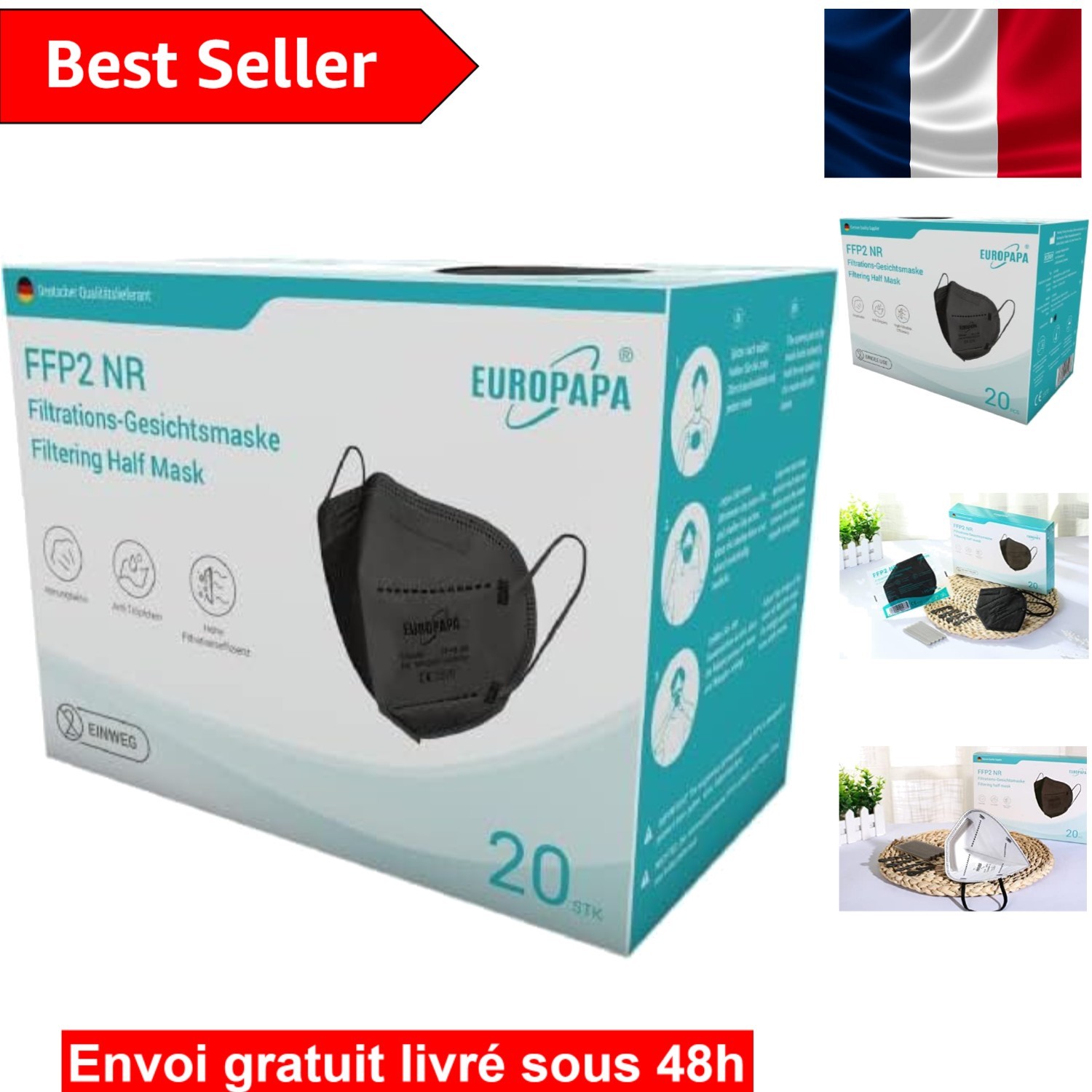 Masques anti-poussière noirs EUROPAPA jetables à 5 couches boîte de 20 pièces