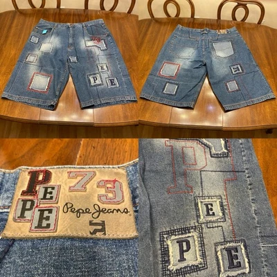 Vintage Pepe Jeans London Baggy Y2K Hip Hop Jean Shorts 44 Jorts Patchwork - Image 1 of 4