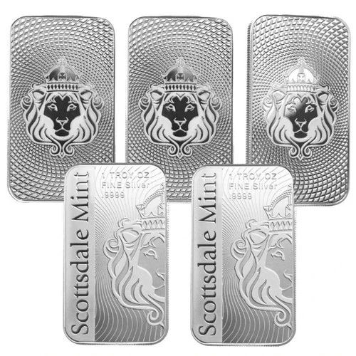 Lot of 5 - 1 Troy oz .999 Silver Bar Scottsdale Mint VORTEX Silver Bullion Bar