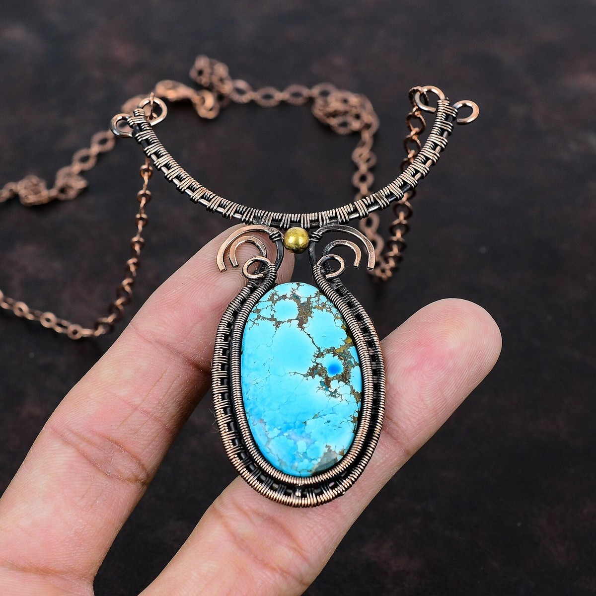 Turquoise Accent Copper-Tone Women’s Necklace Long Copper Necklace with Turquoise and Copper Pendant 255f  main image 3