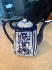 Bombay & Co Royal Deep Blue White Tea Coffee Chocolate Pot Vintage Porcelain