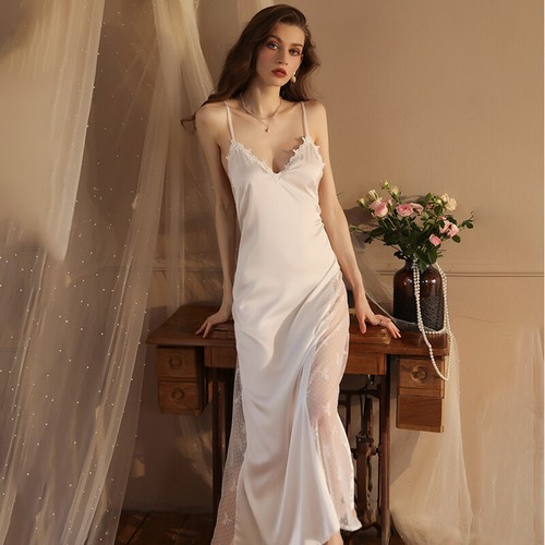 Para mujeres Satén Seda Encaje Bata Vestido Prendas para dormir Lencería Camisón Largo - Imagen 19 de 44