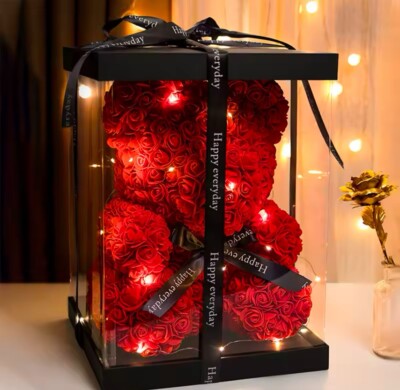 Rosenbär mit Box Lichter Kunstblume Teddybär für Frauen / Geburtstag Deko