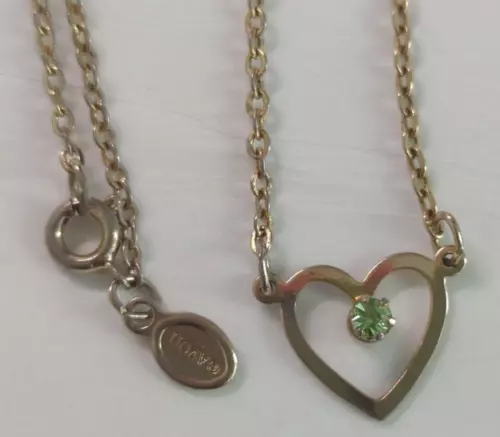 Vintage Avon 1977 Heart Birthstone Pendant Necklace August Peridot Green 13"