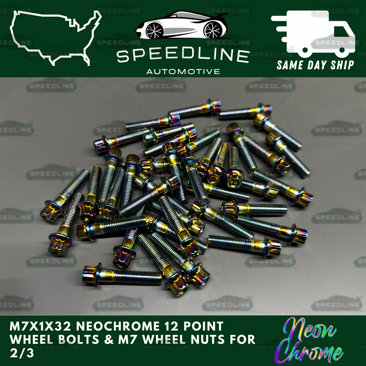 40-Piece M7x1.0x32 Neo Chrome Wheel Bolts & Nuts – 12-Point – For 2/3 Piece Wheels
