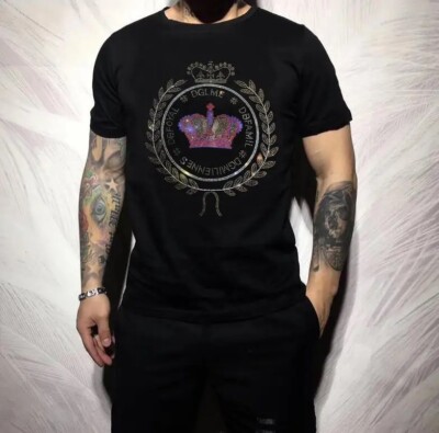 New Fashion Crown Trend Rhinestone Summer Cotton Short Sleeve Luxury Men T-Shirt