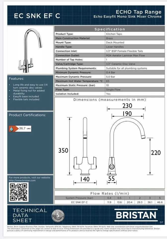 Bristan Echo Easy Fit Monobloc Sink Mixer Tap Chrome EC SNK EF C - Image 3 of 4