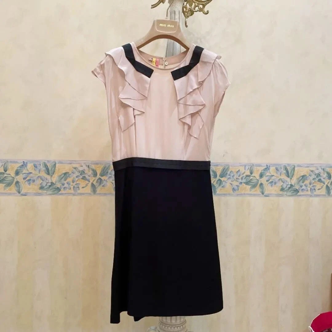 MIU MIU Silk Dress Knee Length Pink Black Size 38 AMM1 2015 1406