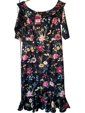 Joe Browns Dress Size UK 14 Black Off Shoulder Floral Cotton Rich Bodycon Womens