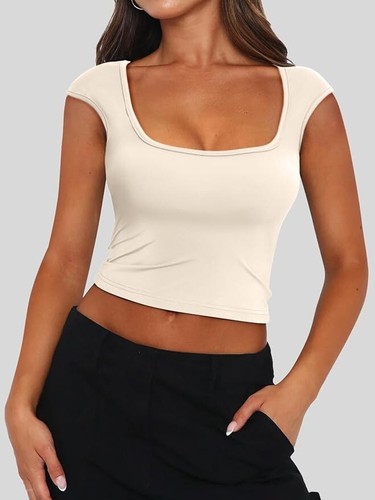 Apricot Womens Sexy Crop Top 2024 Summer Basic Short Sleeve T Shirts Backless - Picture 2 of 4
