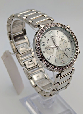 NY&C 13959 Ladies Watch 8.25'' Silver Tone Rhinestones 38mm New Battery EUC