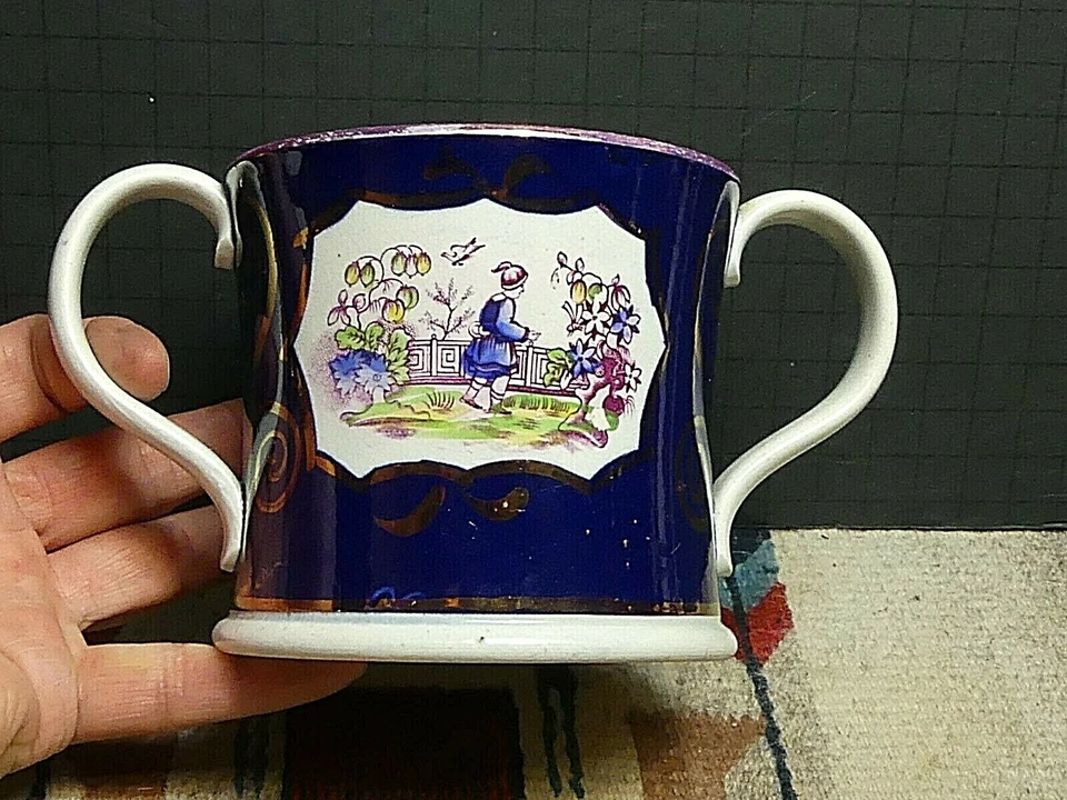 Antiguo Pasillo Inglés Rosa/Azul Lusterware 2 Asas 1815 Chinoiserie Exportación Foto 2 de 4