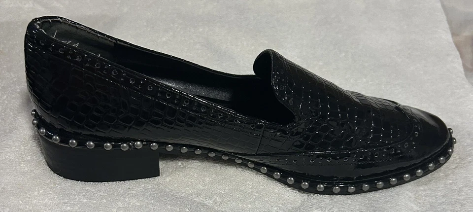 Adrianna Papell Black Leather Shinny Studded Slip On Heel Shoes Size 9.5 M - Image 2 of 4