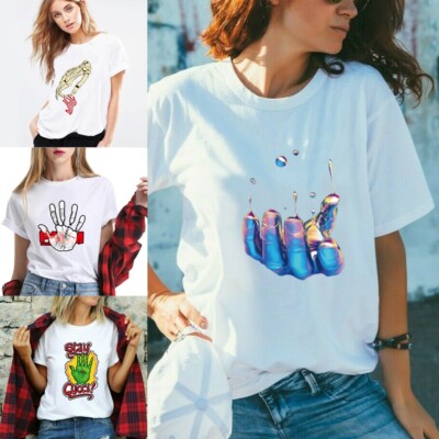 Womens T Shirt Ladies Baggy Fit Short Sleeve Slogan T-shirts Tee Tops  UK