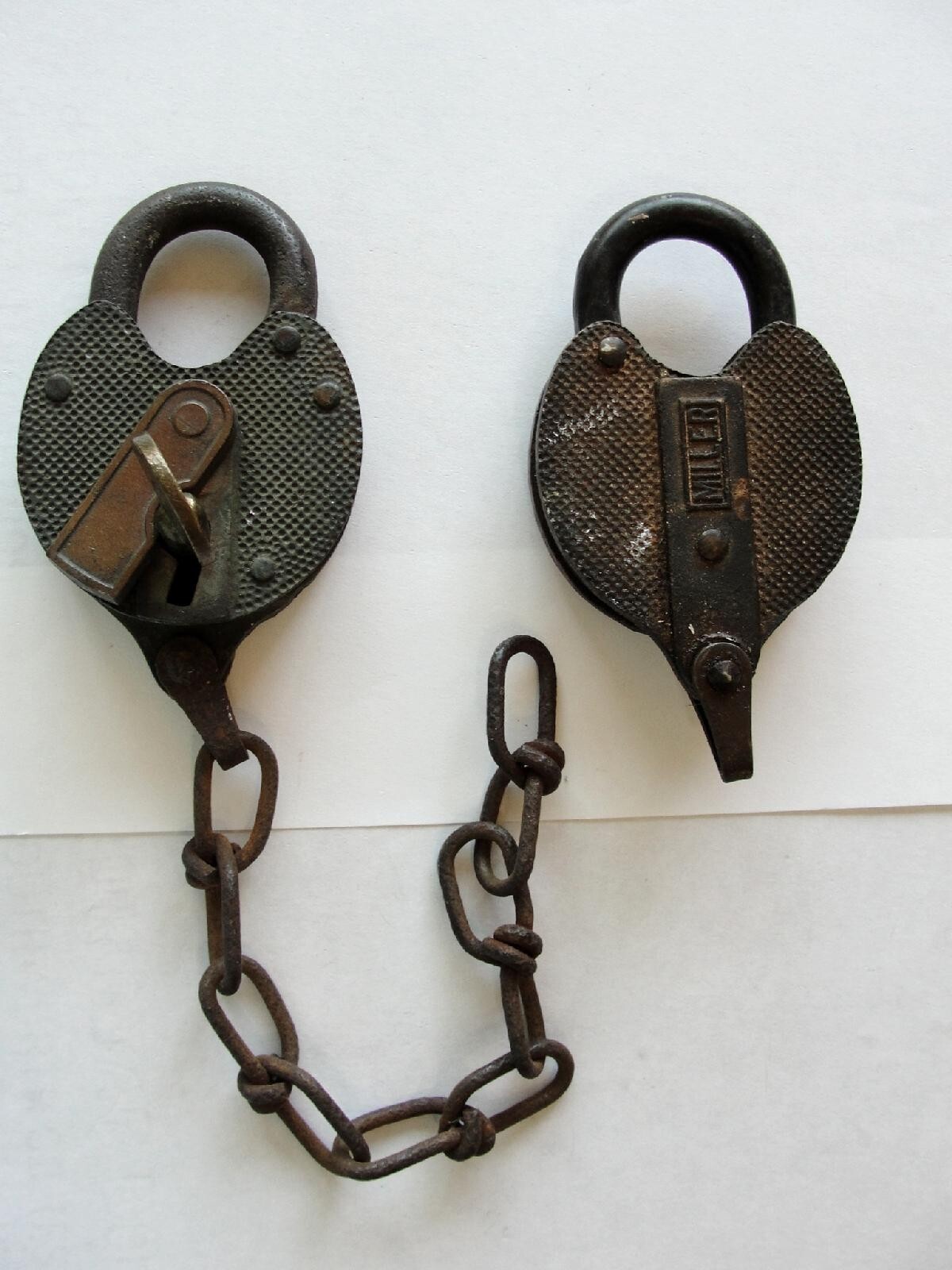 Two Antique Miller Brass Padlocks, One on Chain Obsolete with Keys | eBay