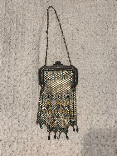 Vintage 1920s Art Deco Mandalian Mfg. Co. Enamel Mesh Purse Flapper Evening Bag