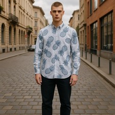 Antony Morato Camicia Uomo L Blu Slim Fit Righe Ananas Roll-Up Button-Down