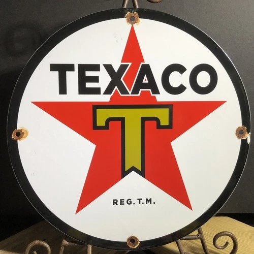 VINTAGE TEXACO GASOLINE STAR PORCELAIN MOTOR OIL GAS STATION SIGN DATED