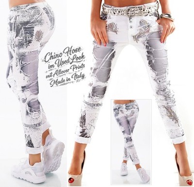 NEU 38 M Damen Chino Hose Allover Print Used Look Stretch Freizeit Style-Trend