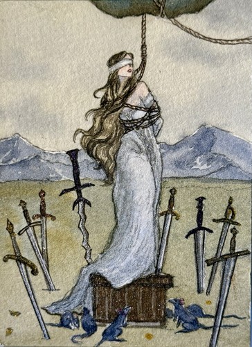 Original ACEO Halloween Blindfolded Princess with Swords Fantasy 2.5x3.5