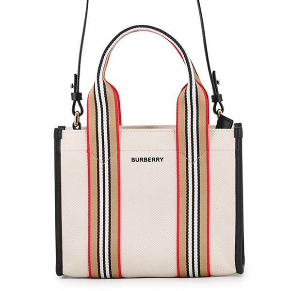 BURBERRY Icon Stripe Trim Tote Size Small Canvas/Leather Natural/Brown/Black...