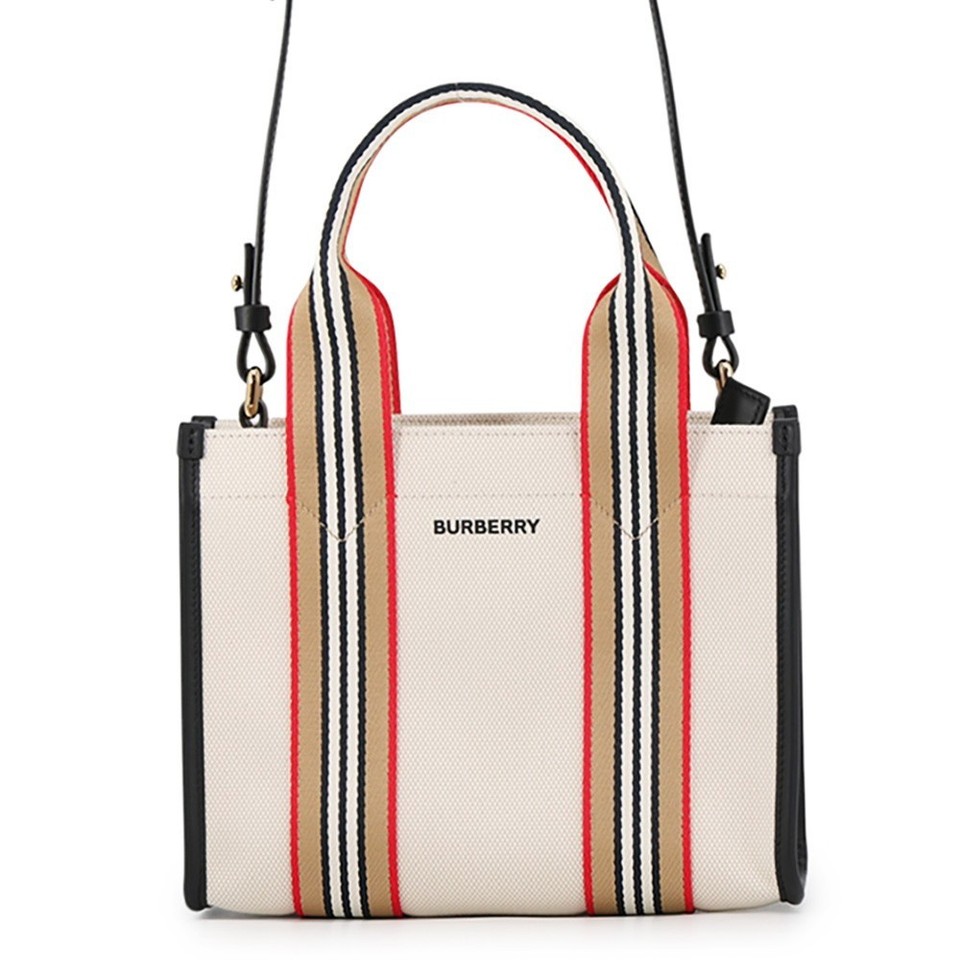 BURBERRY Icon Stripe Trim Tote Size Small Canvas/Leather Natural/Brown/Black...