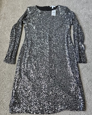 NWT Silver Sequin Long Sleeve Dress Small Sparkly Party Cocktail Holiday Glam