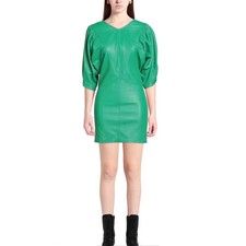 Green Lambskin Leather Dress 100% Genuine Leather V Neckline Corporate