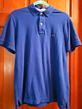 Tommy Hilfiger Men s Blue Solid Knit Polo Shirt M Regular Short Sleeve Logo