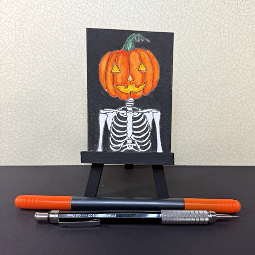 Halloween Pumpkin Head Skeleton Watercolor & Colored Pencil Painting  ACO