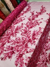 Fuchsia Lace Fabric Sold By The Yard 3d Floral Beaded On Mesh For Dress Bridal